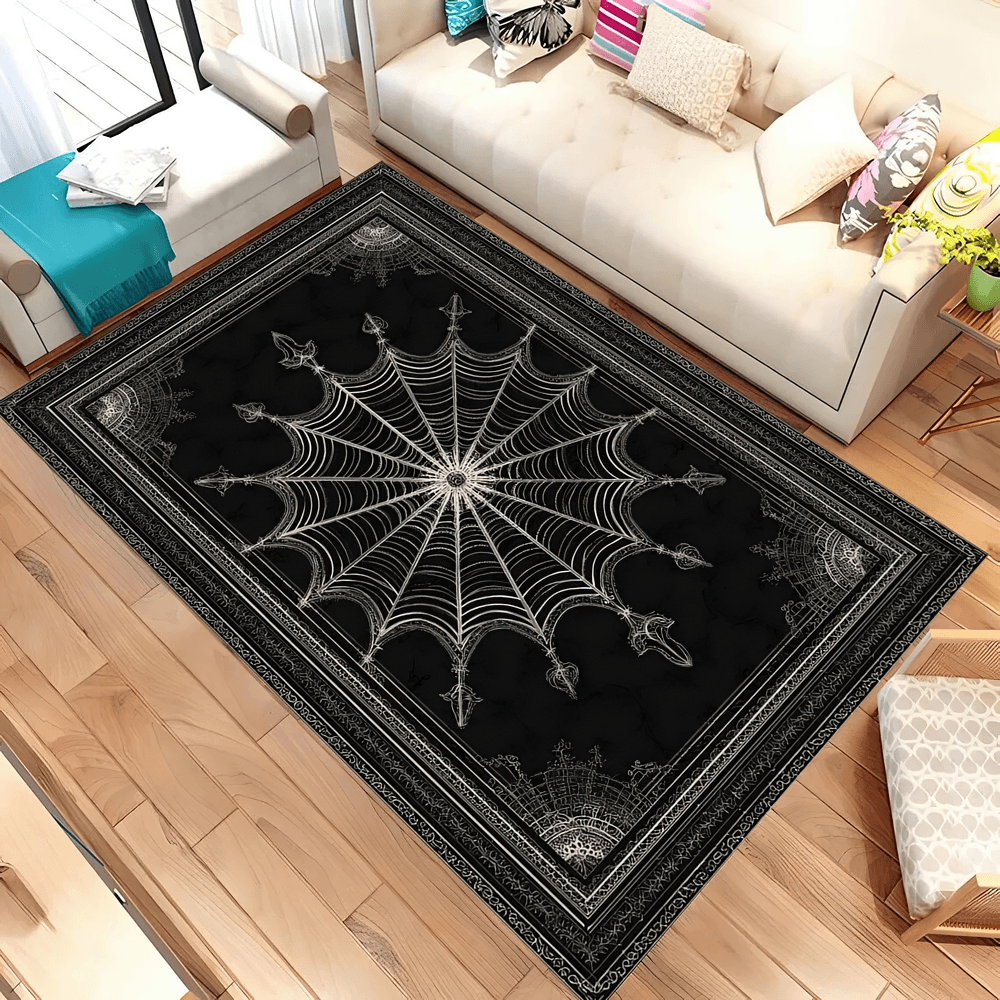 Gothic Stylish Spiderweb Area Rug for Dark Decor placed in modern living room with floral web art and black base.