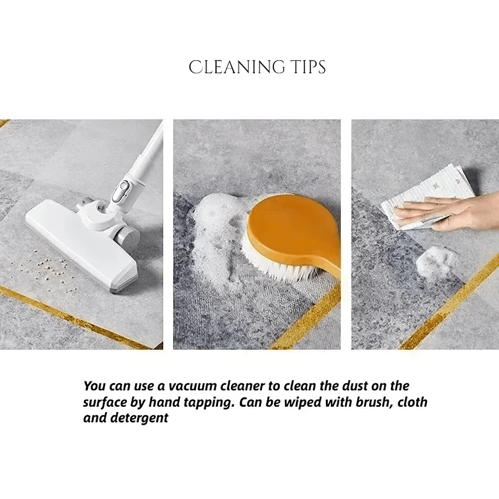Cleaning tips for maintaining the Gothic Stylish Spiderweb Area Rug for Dark Decor, showcasing vacuuming and brushing methods.