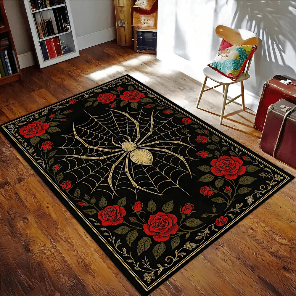 Gothic Stylish Spiderweb Area Rug for Dark Decor featuring black base, floral borders and dramatic spiderweb design.