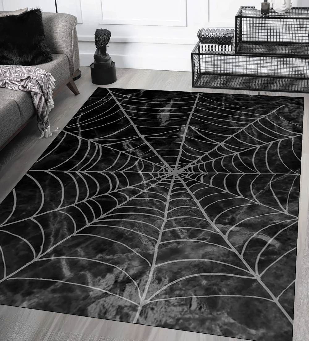 Gothic Stylish Spiderweb Area Rug for Dark Decor showcasing intricate spiderweb design on a black base.
