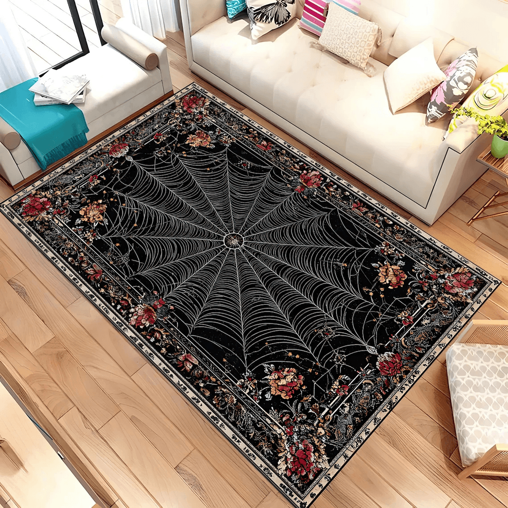 Gothic Stylish Spiderweb Area Rug for Dark Decor with spiderweb and floral designs on black background.