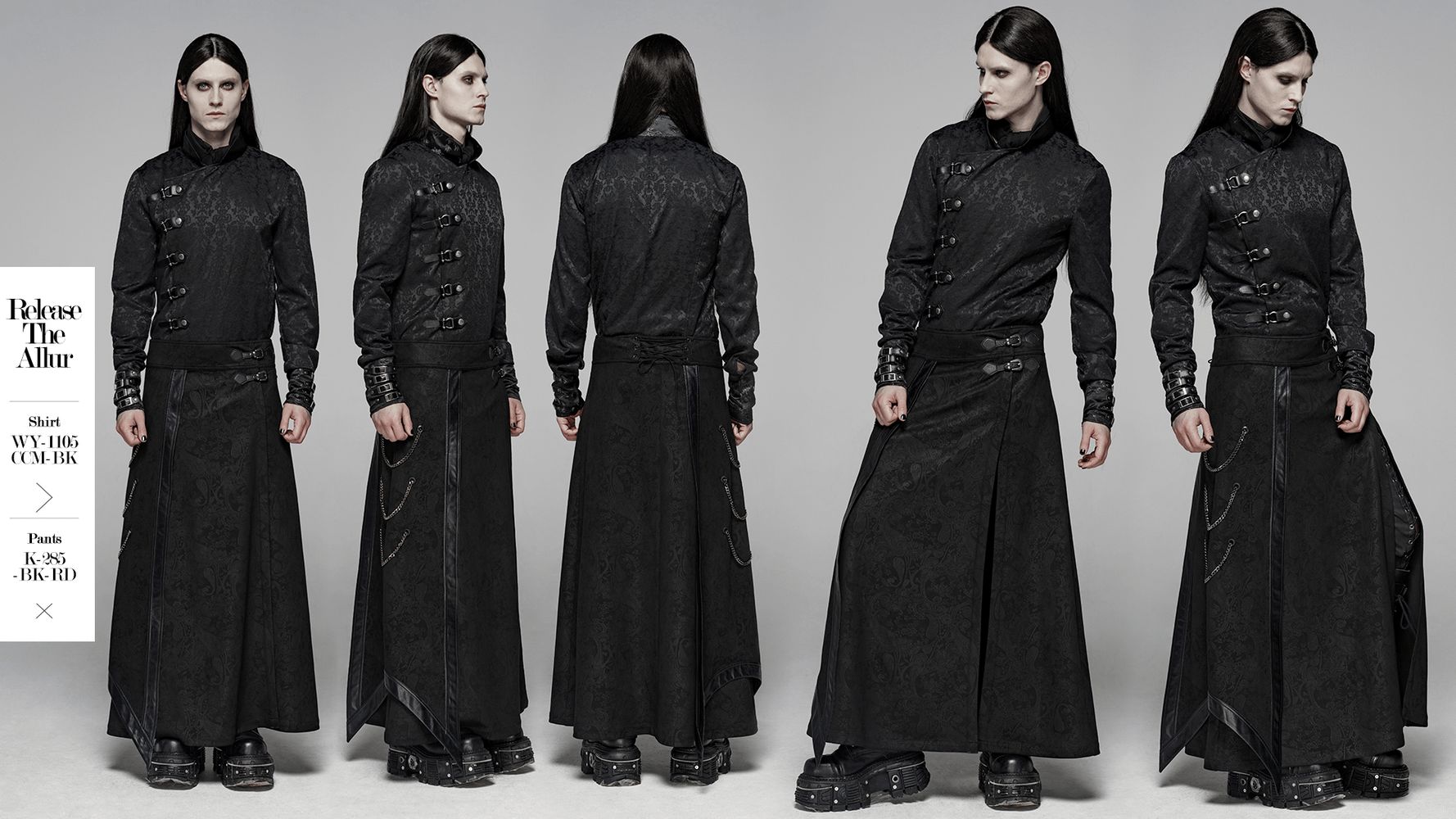 Gothic floral long overskirt with chains, styled in dark elegance, showcasing alternative fashion.