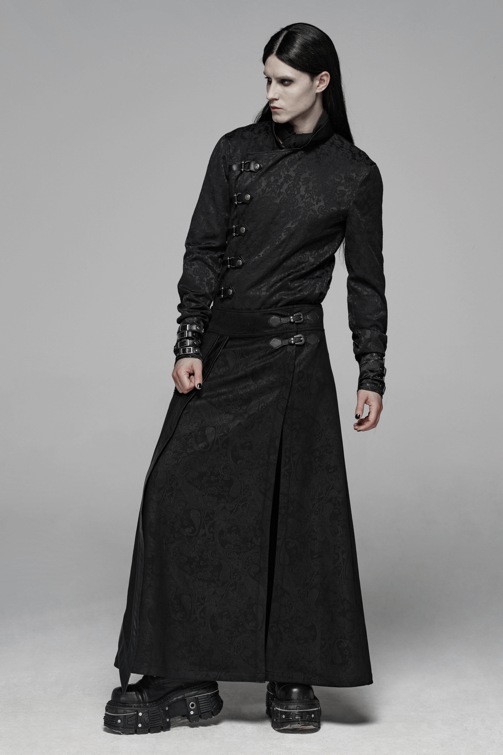 Gothic suede and leather long overskirt with chains, showcasing a dark and elegant aesthetic in alternative fashion.