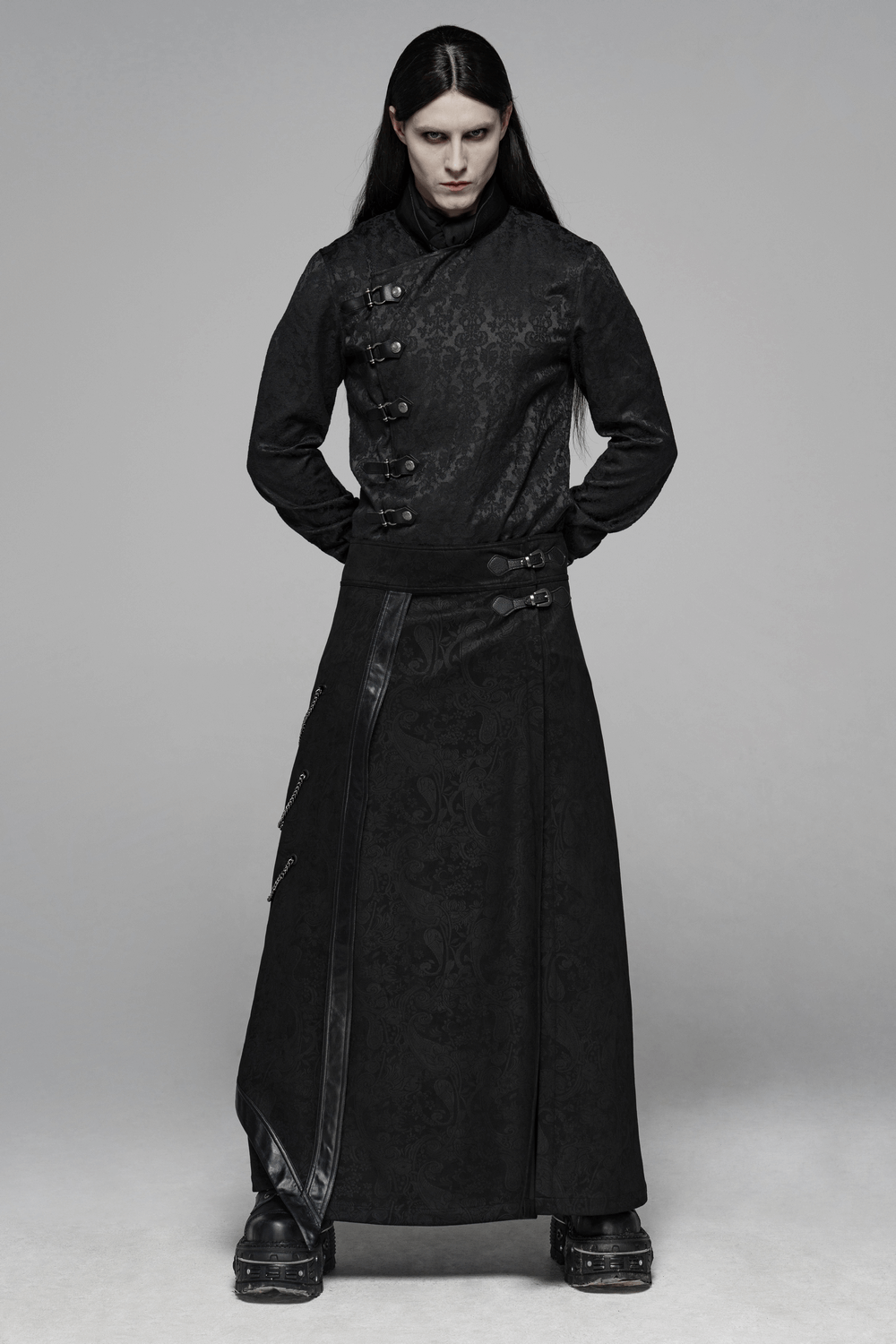 Gothic floral long overskirt with buckles and chains, showcasing dark elegance and alternative fashion.