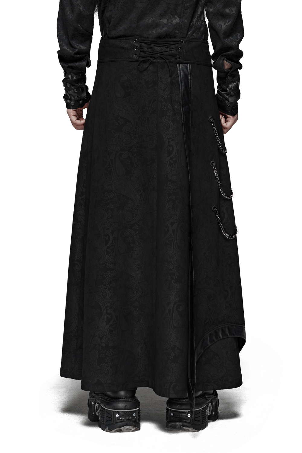 Gothic suede and leather long overskirt with chains, showcasing a flowing asymmetric cut and double buckle closure.