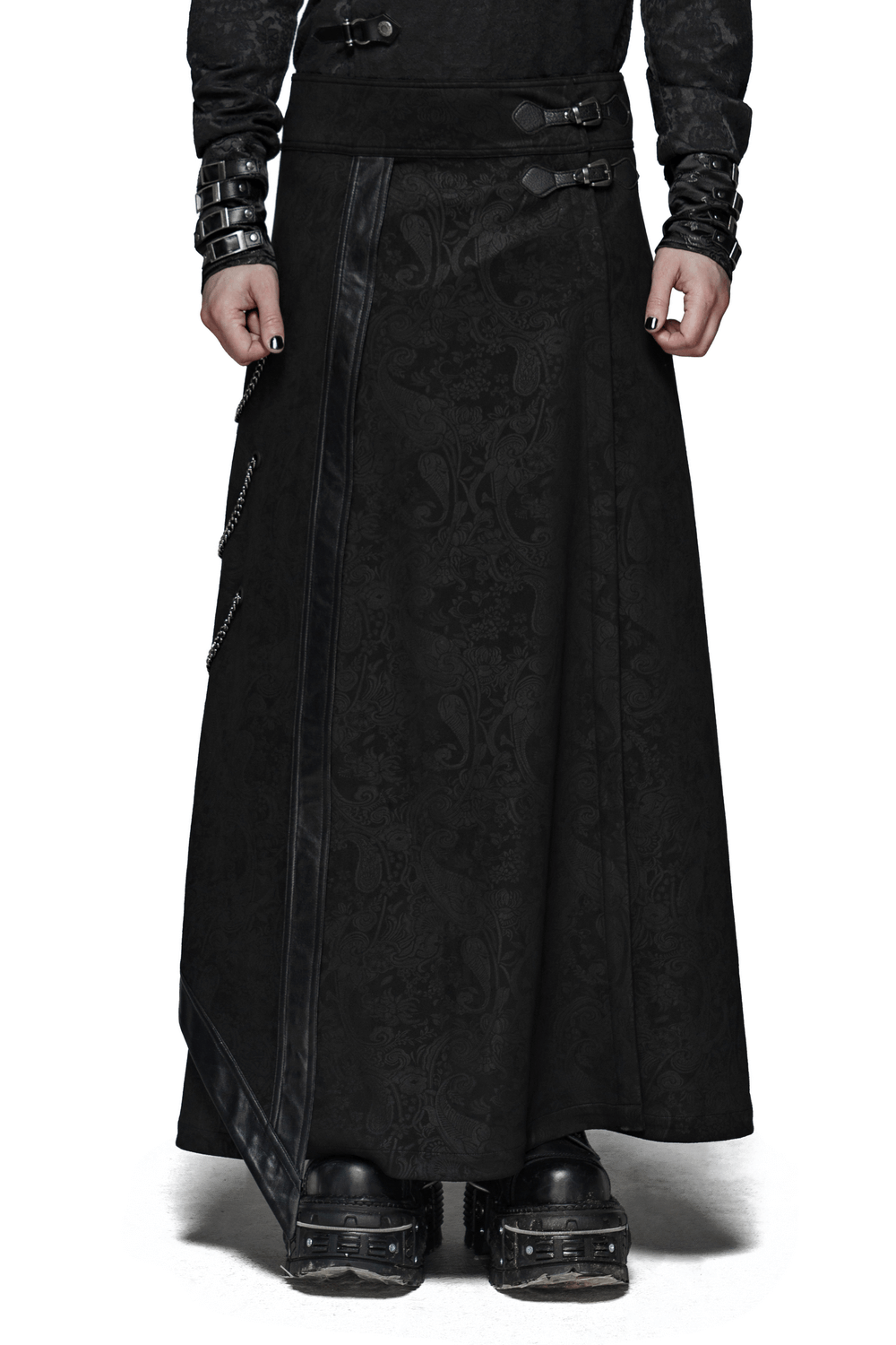 Gothic suede and leather long overskirt with chains featuring a floral design and double buckle accents.