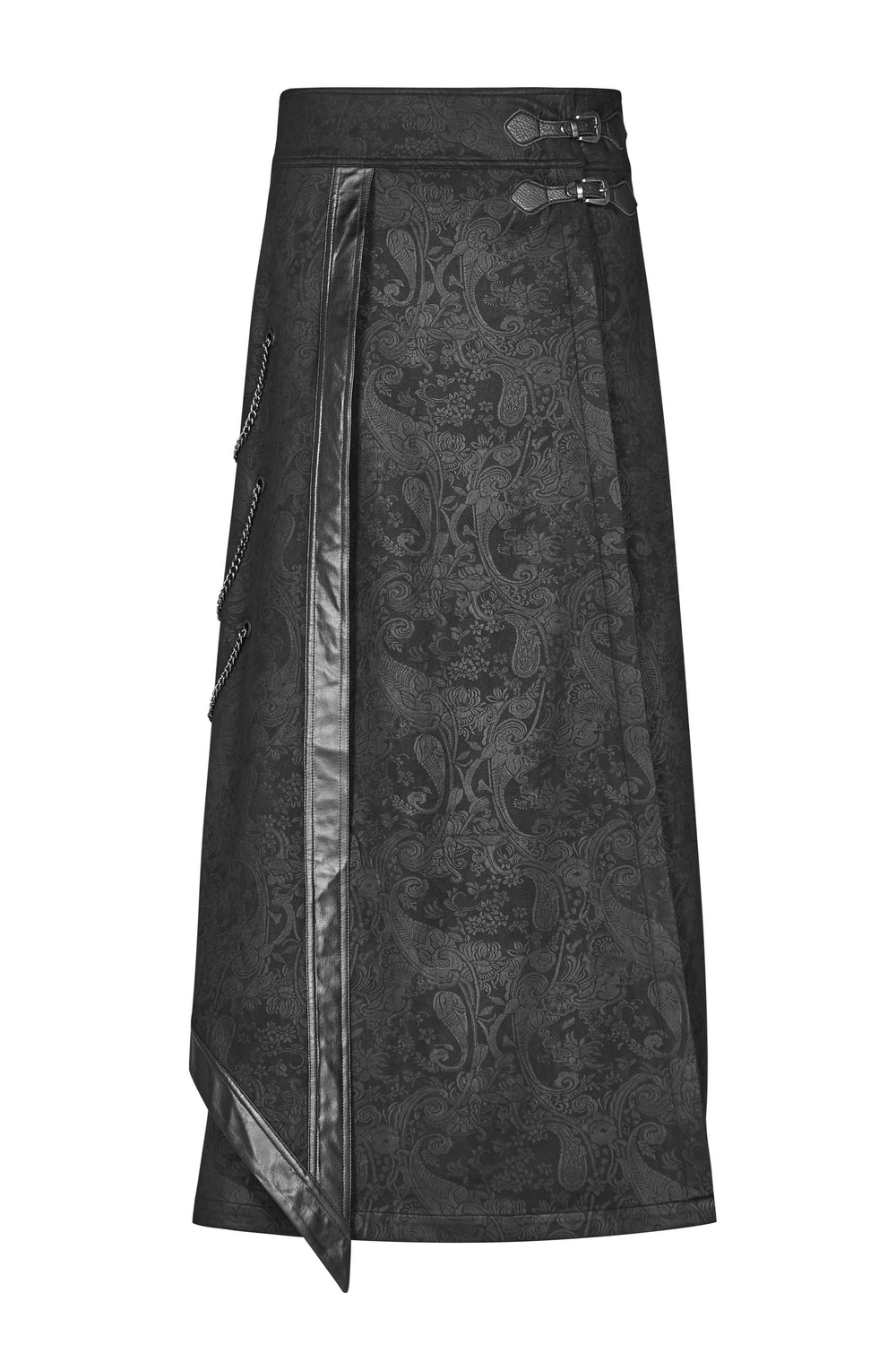 Gothic floral long overskirt in suede and leather with buckles and chains for a dramatic, edgy style.