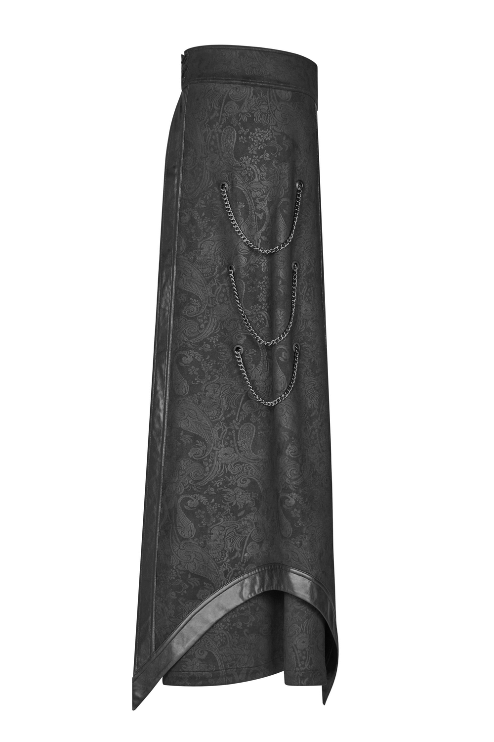 Gothic suede and leather long overskirt with floral pattern, chains, and asymmetric cut, perfect for alternative fashion.