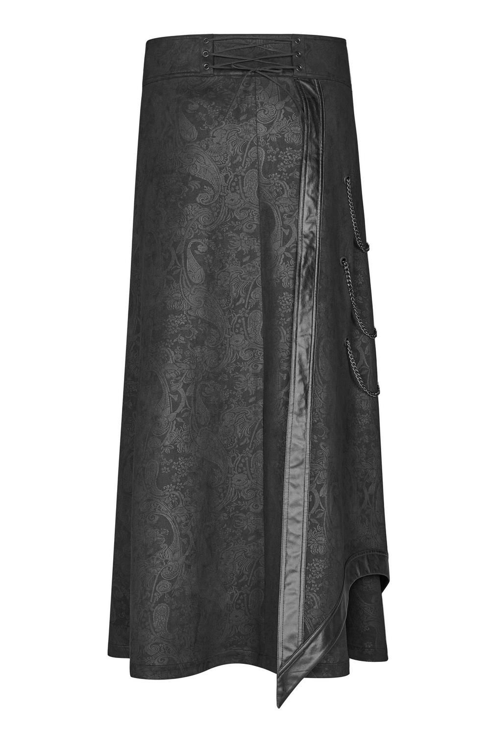 Gothic suede and leather long overskirt with chains, featuring floral design and double buckle closure.