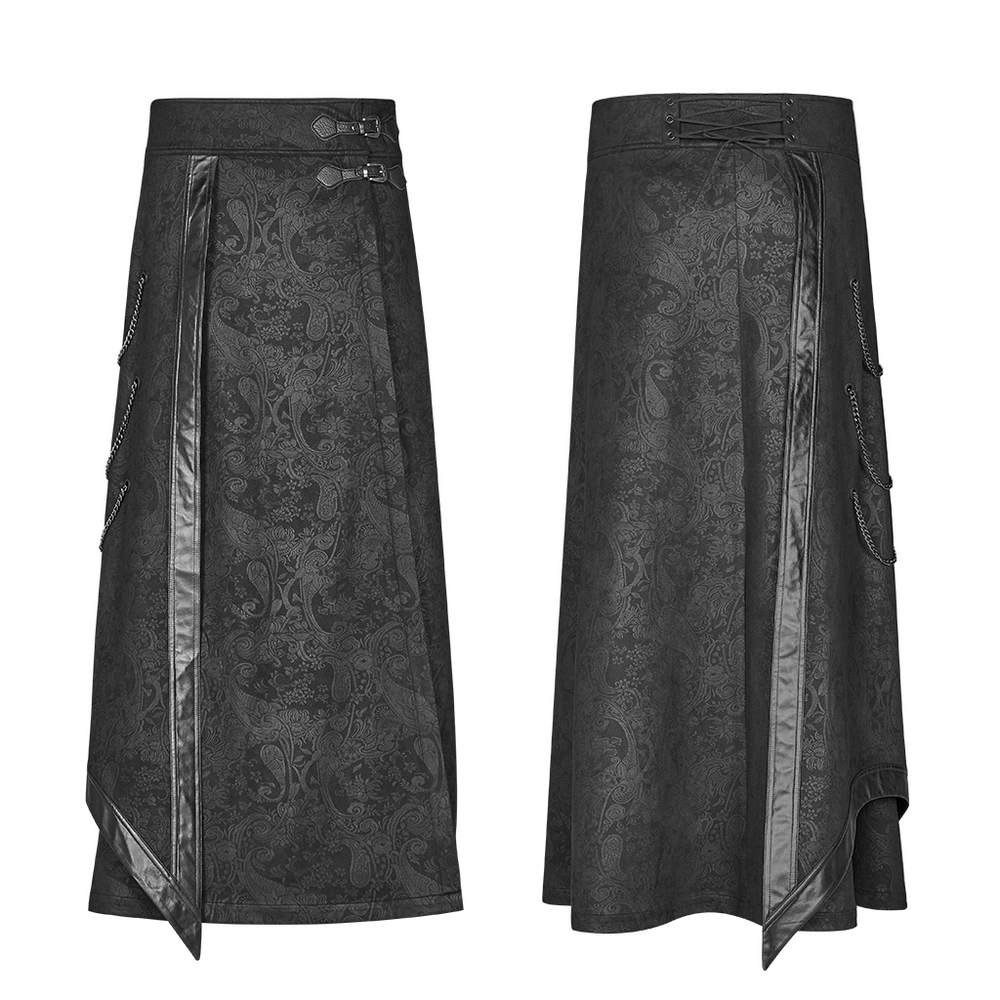 Gothic floral long overskirt in suede and leather with chains and buckles for alternative fashion.