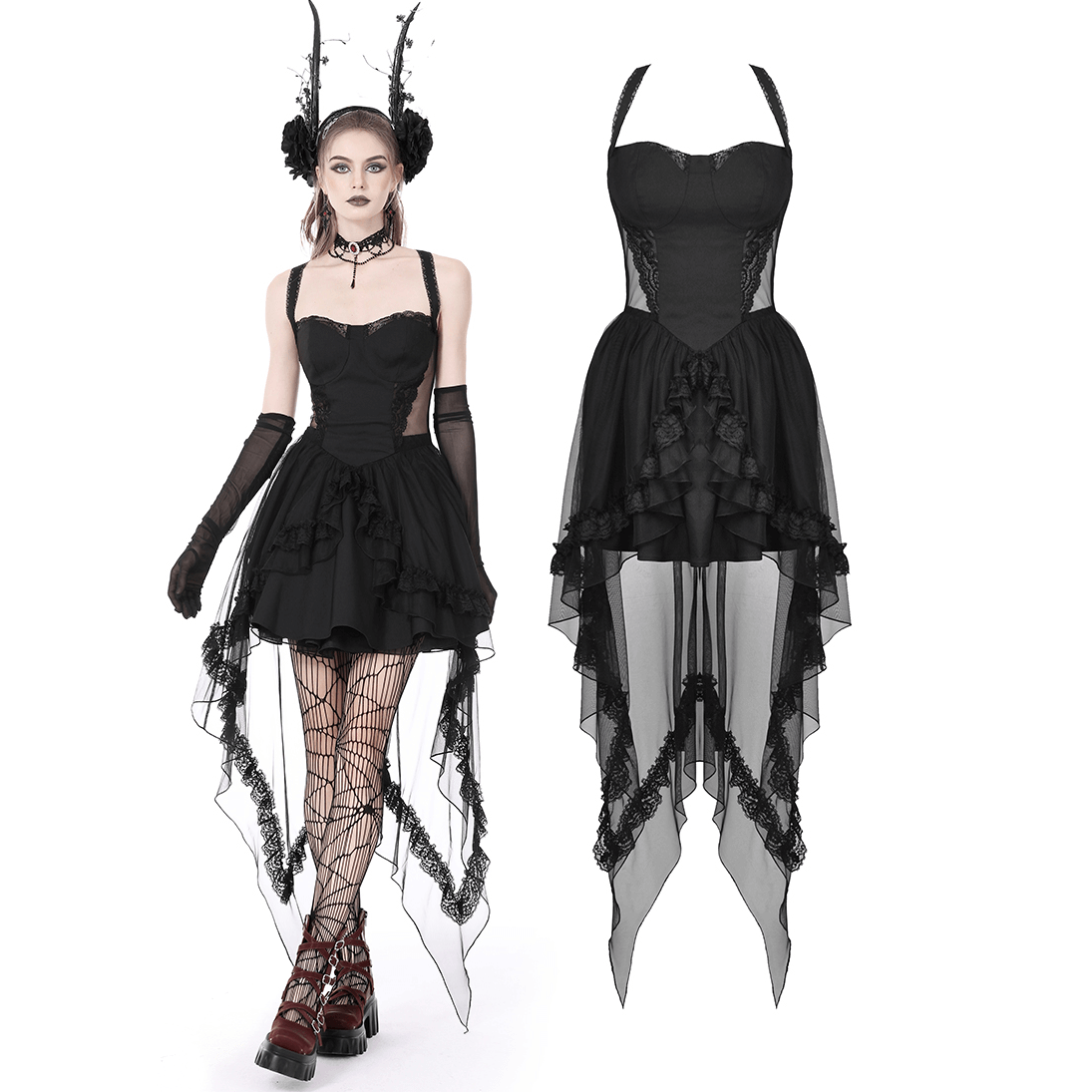 Gothic Swallowtail Dress with Lace and Layered Skirt