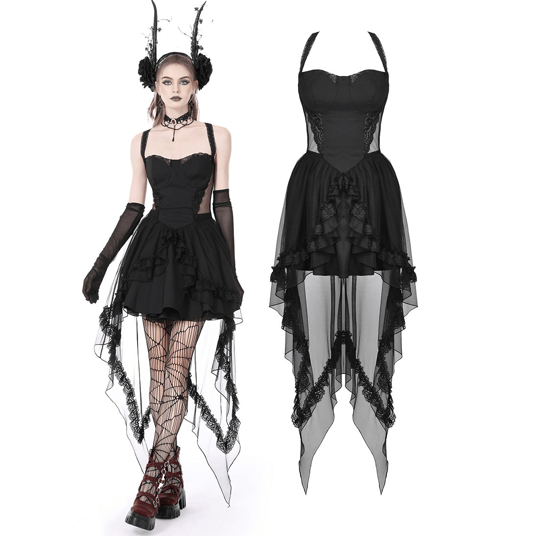 Gothic swallowtail dress with lace, layered skirt, and stylish asymmetrical hem, perfect for dark fashion lovers.