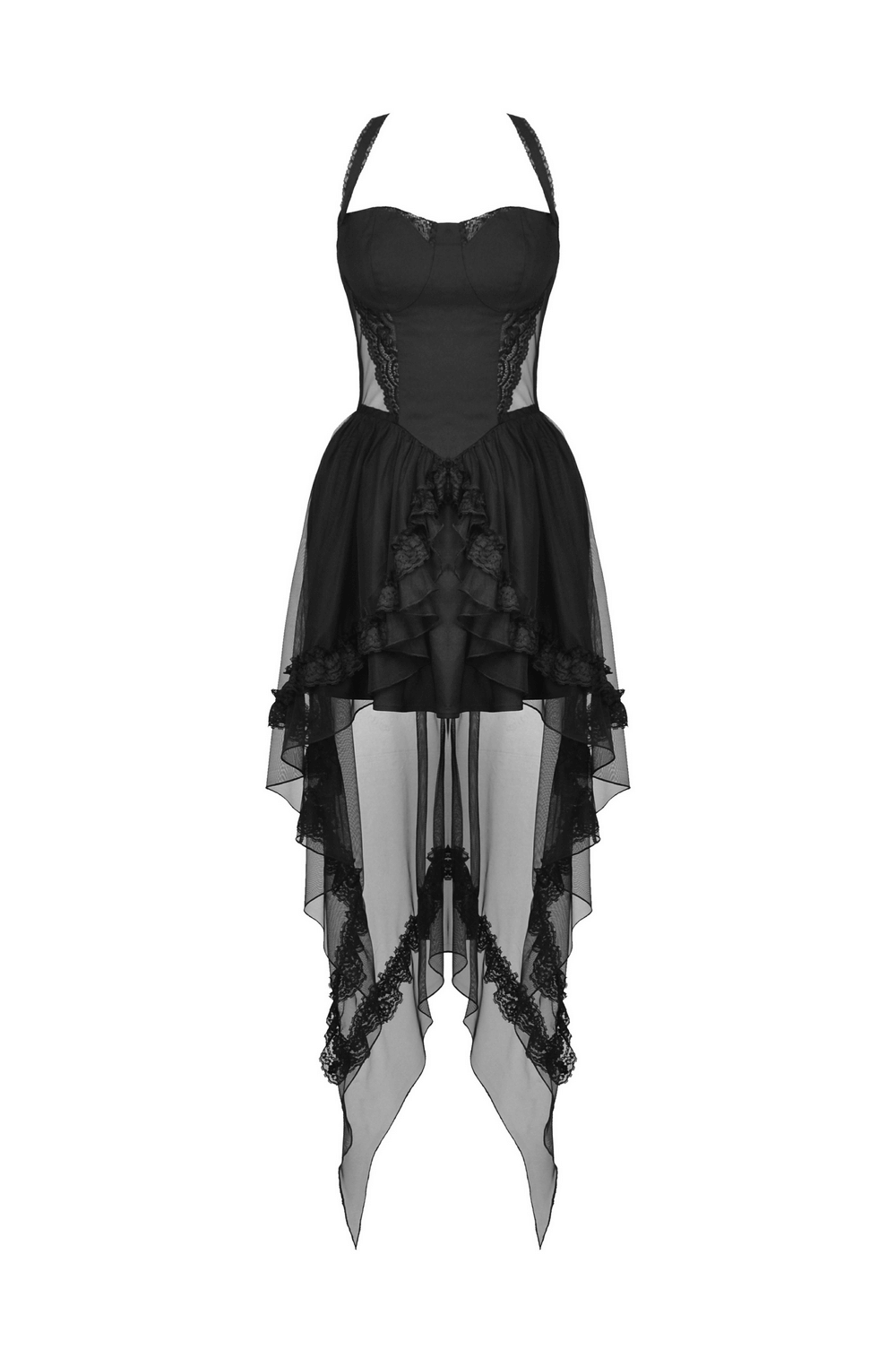 Gothic swallowtail dress with lace, fitted bodice, and layered skirt for dark romantic elegance.