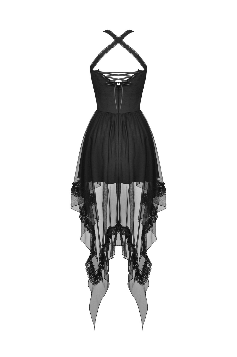 Gothic swallowtail dress in black with lace detailing and layered asymmetrical skirt, showcasing dark elegance.