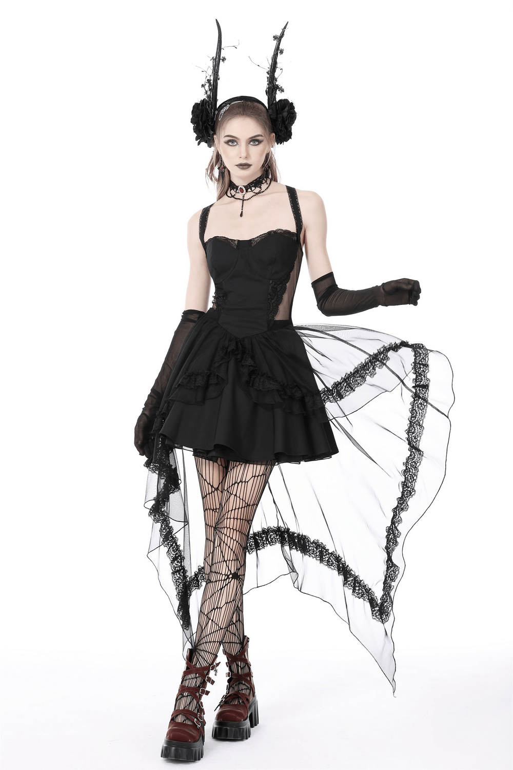 Gothic Swallowtail Dress with lace, layered skirt, and dark fashion accessories for a striking gothic look.
