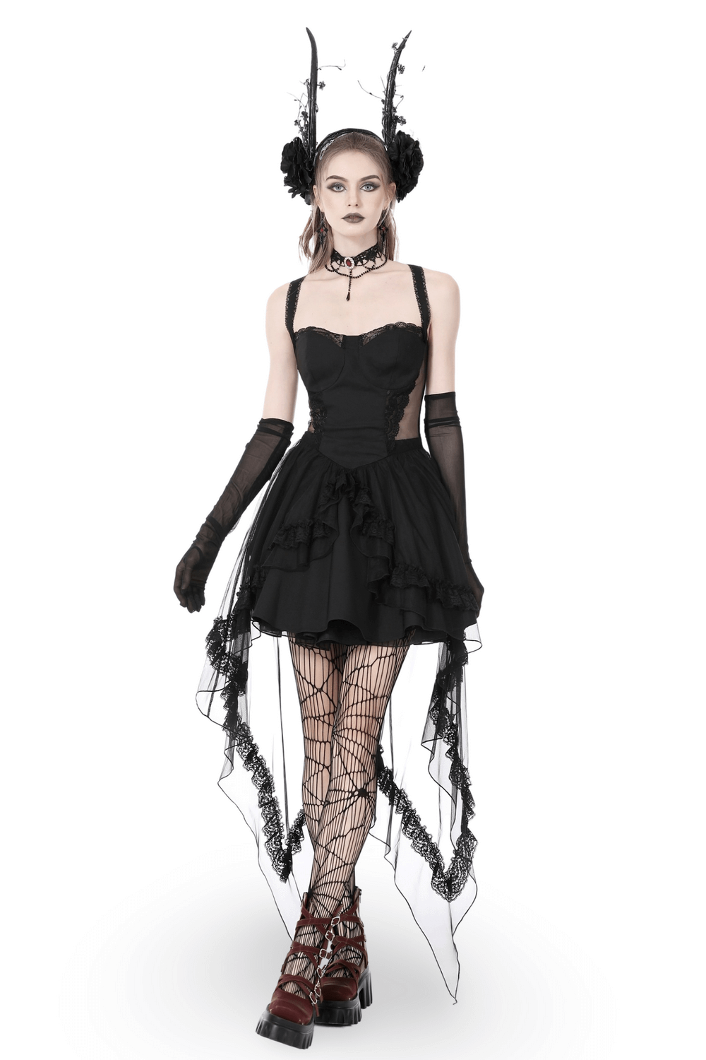 Gothic Swallowtail Dress with Lace and Layered Skirt