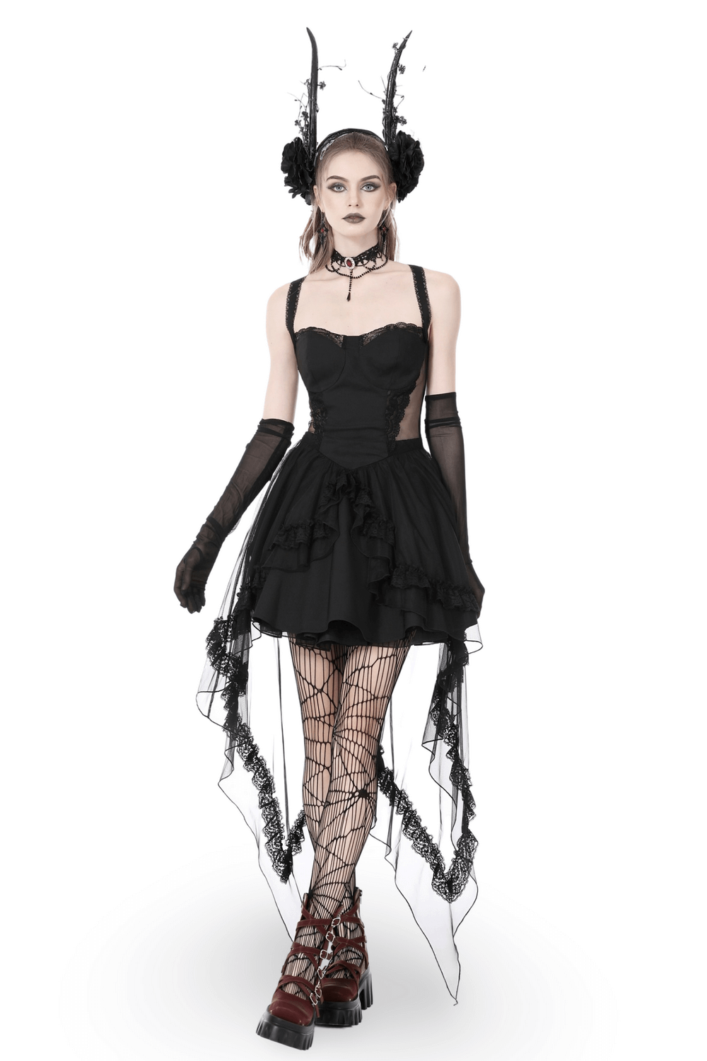 Gothic swallowtail dress with lace, layered skirt, and accessories, perfect for dark fashion enthusiasts.