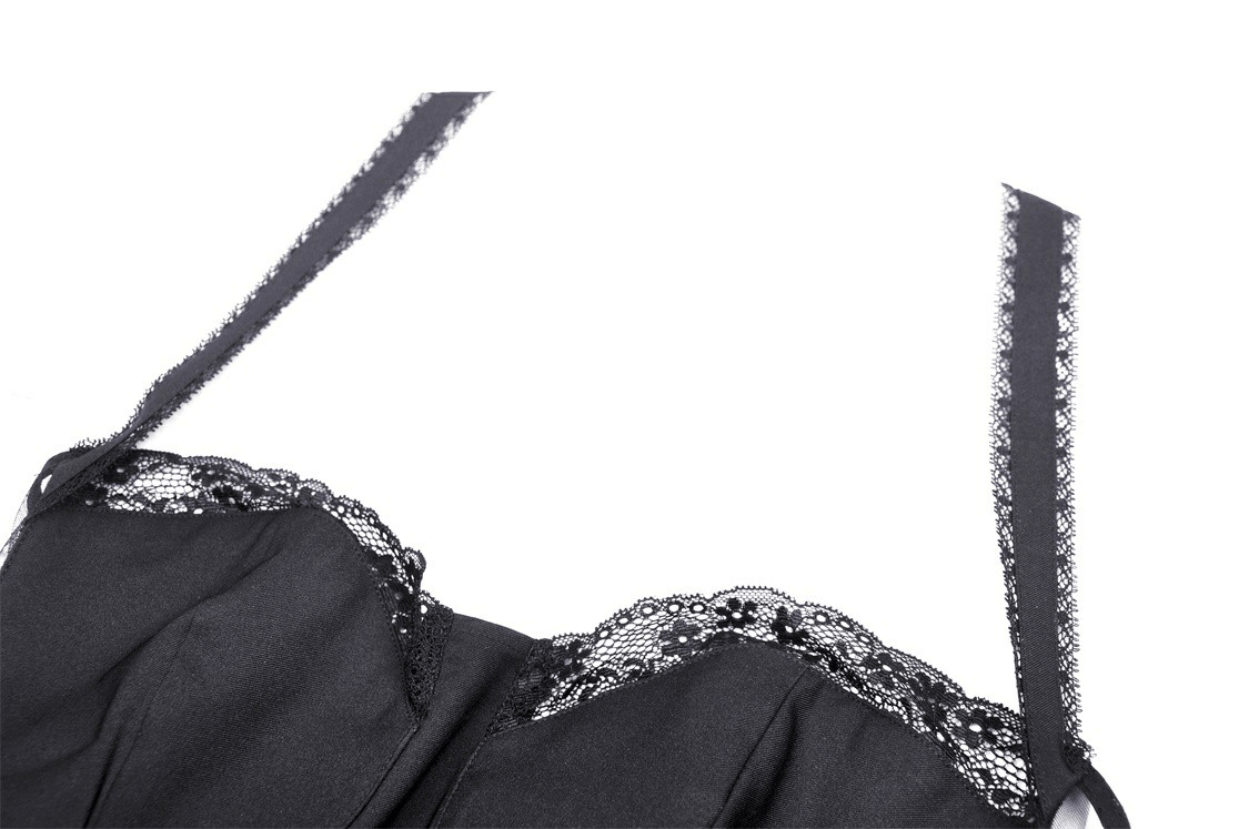 Close-up of Gothic Swallowtail Dress showcasing intricate lace detailing and elegant black fabric straps.