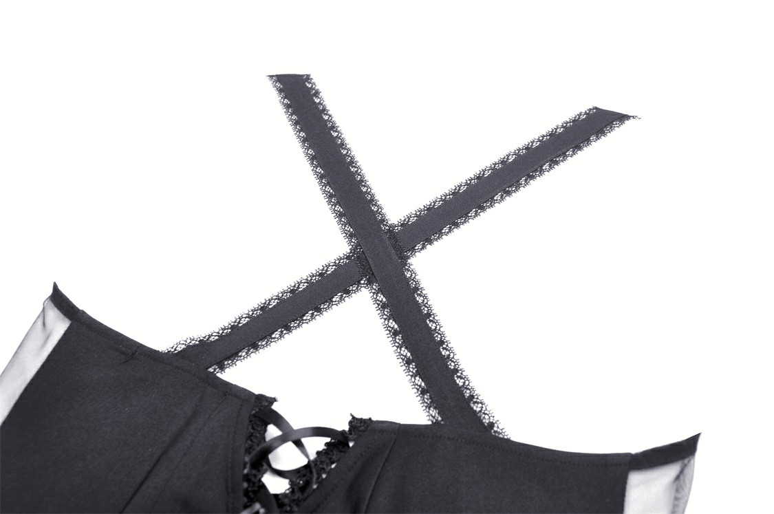 Close-up of the back straps of a gothic dress featuring elegant lace detailing and crisscross design.