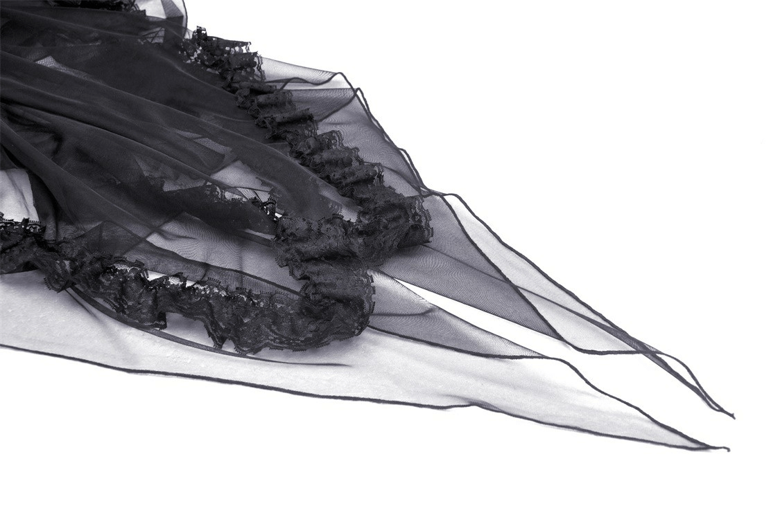 Detailed lace trim on layers of black sheer fabric, perfect for gothic fashion enthusiasts.