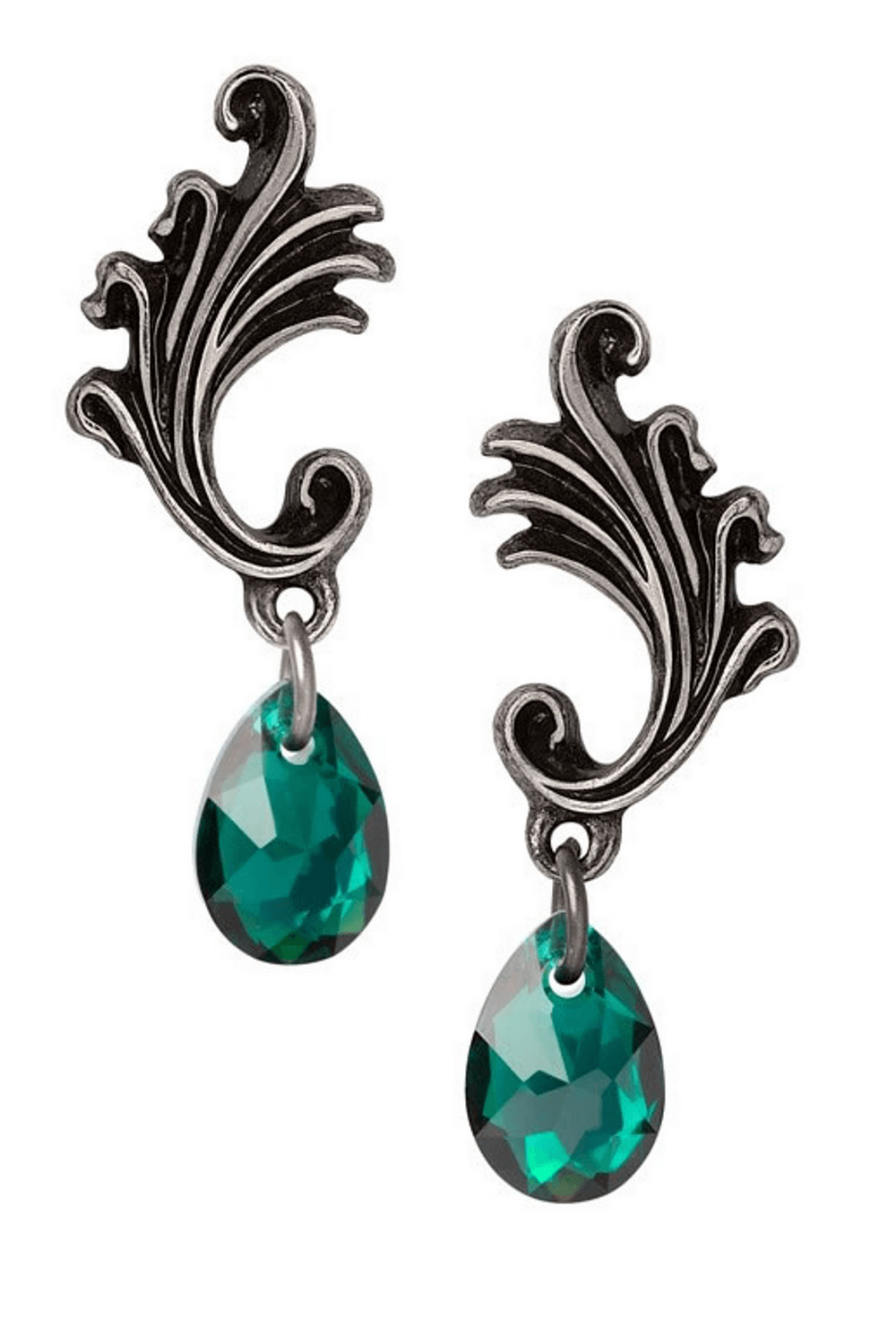 Gothic swirl earrings featuring Ivy green Austrian crystals, blending elegance with a dark, baroque-inspired design.
