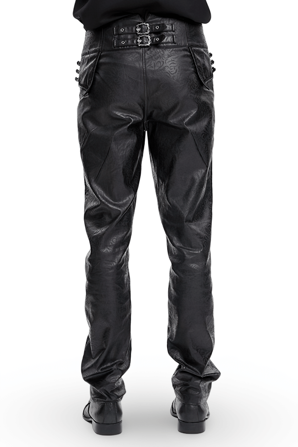 Gothic synthetic leather slim fit pants with adjustable buckle detail, showcasing a sleek back view and embossed pattern.