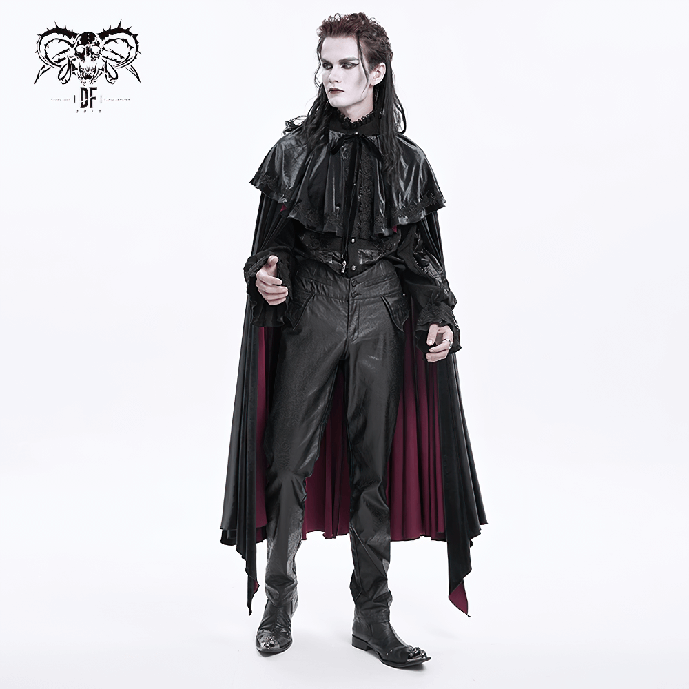 Dark gothic figure in synthetic leather attire with a dramatic cape, showcasing an edgy, stylish look perfect for punk fashion.