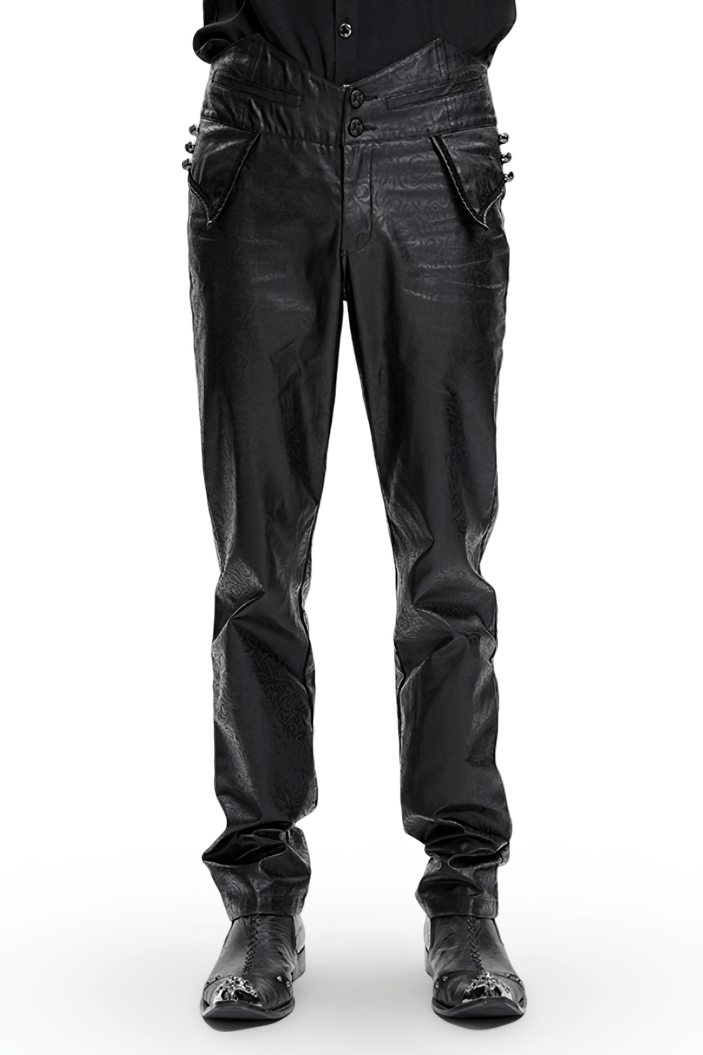 Gothic synthetic leather slim fit pants with adjustable buckle detail for a sleek punk rock style.