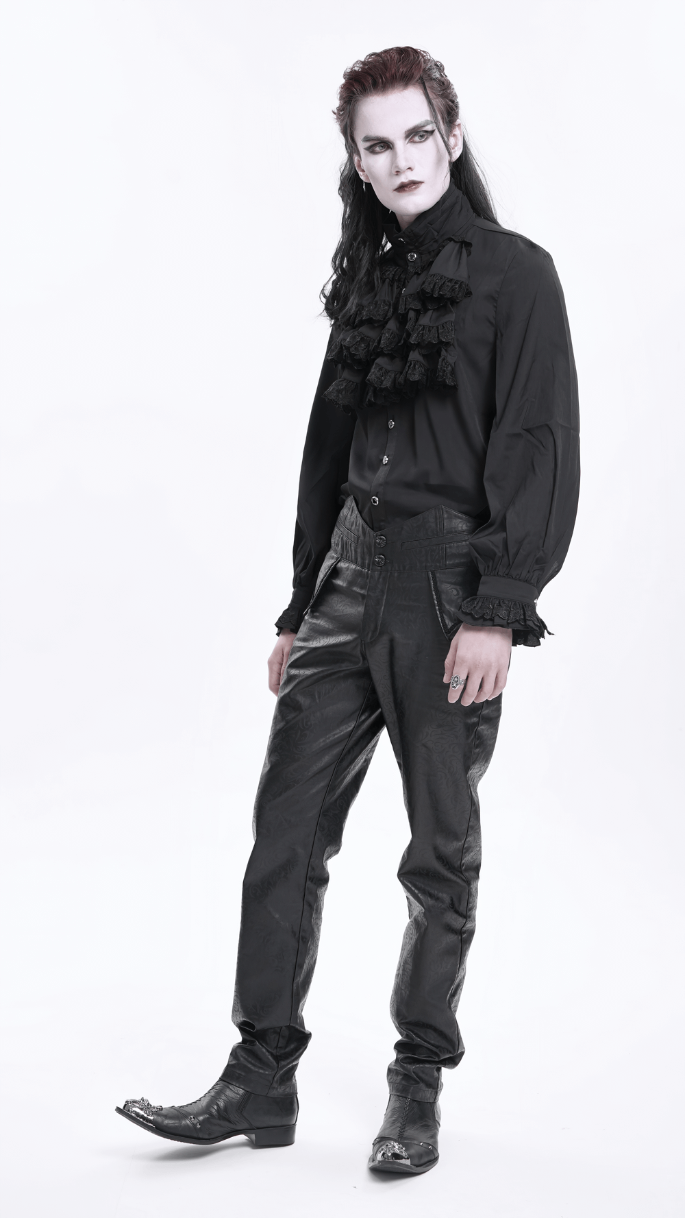 Model showcasing gothic style in black ruffled shirt and slim-fit synthetic leather pants with elegant details.