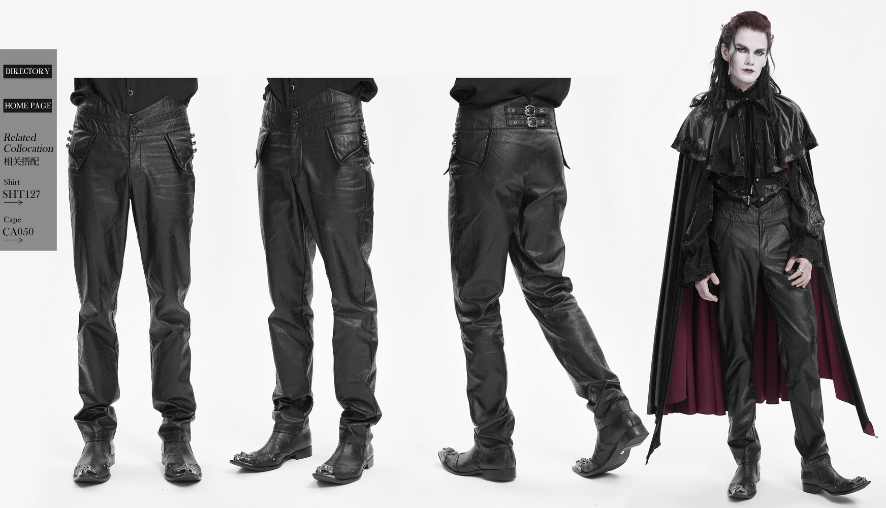 Gothic synthetic leather slim fit pants with adjustable buckle detail, showcasing a sleek and edgy design for punk fashion enthusiasts.