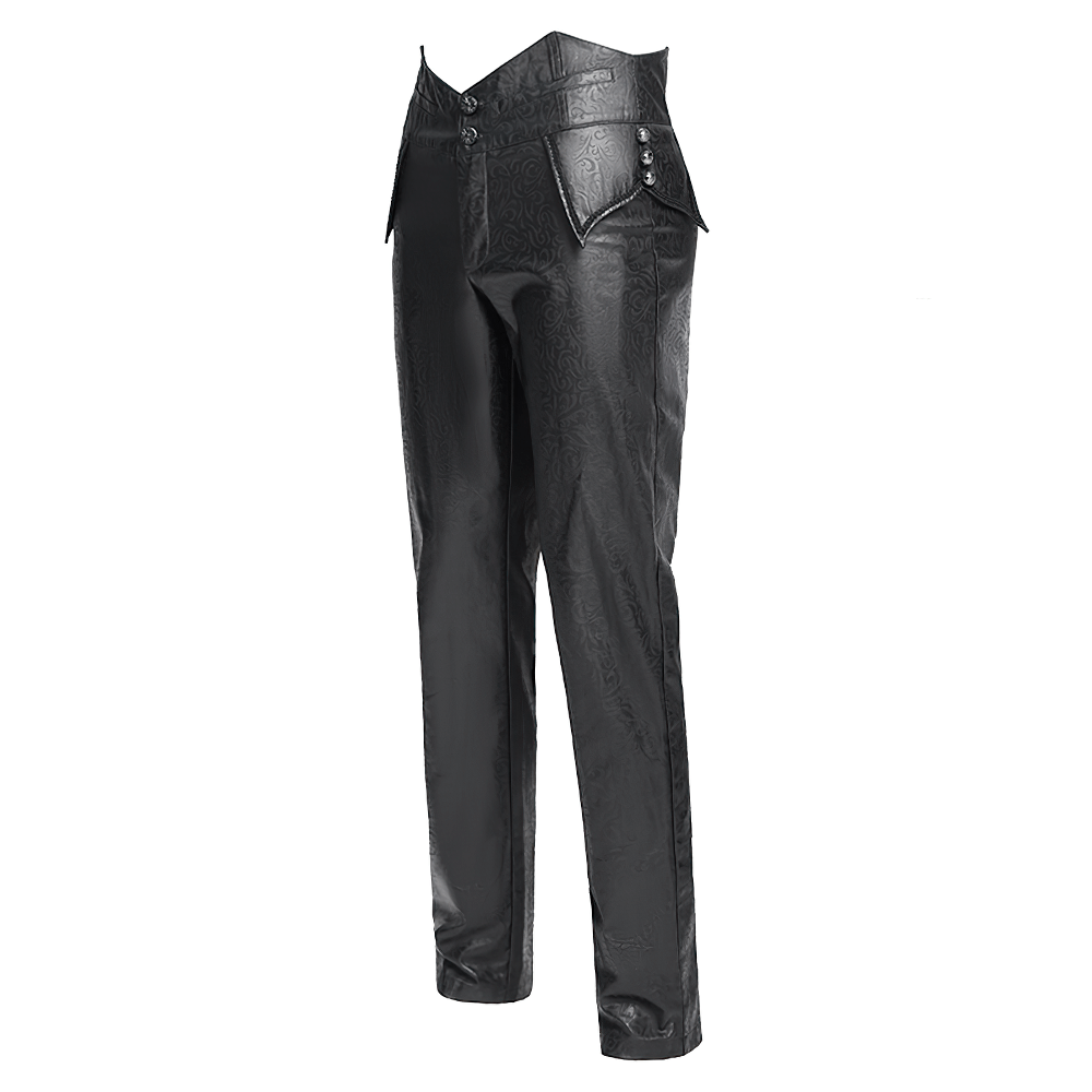 Gothic synthetic leather slim-fit pants with adjustable double-buckle, featuring an embossed pattern for a punk rock vibe.