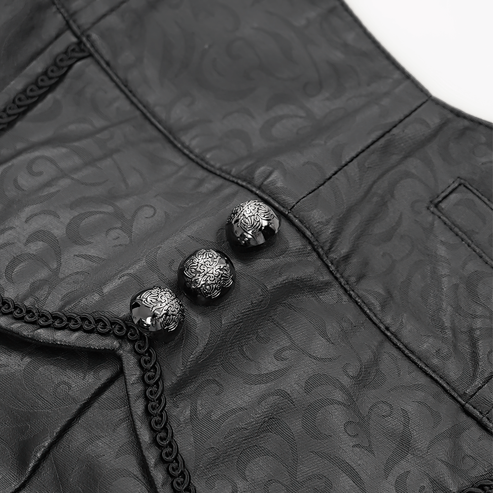 Close-up of Gothic synthetic leather fabric with embossed pattern and decorative buttons. Ideal for edgy fashion lovers.