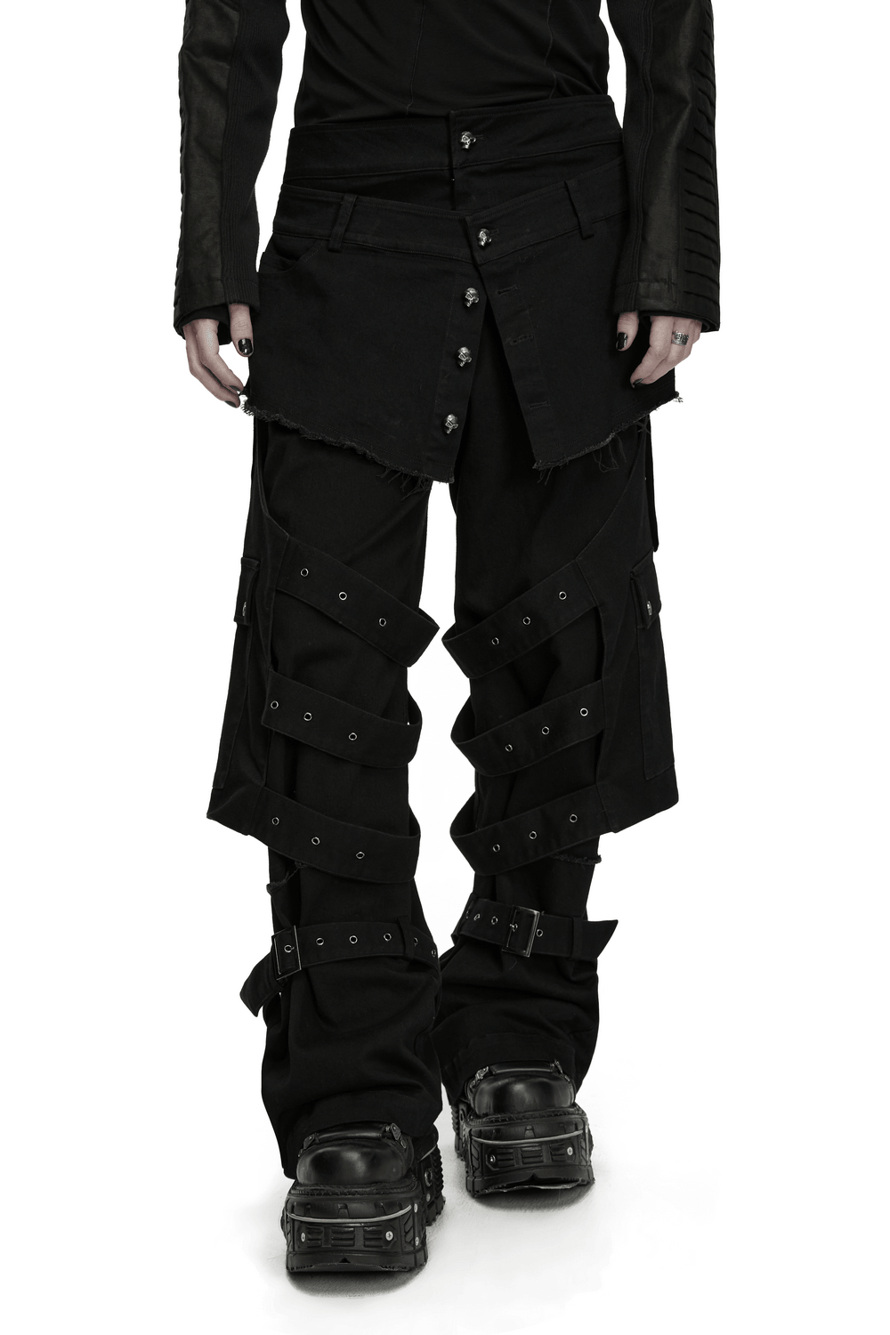 Gothic Tactical Cargo Pants with Detachable Straps black punk utility pants with frayed waist, skull buttons and cargo details