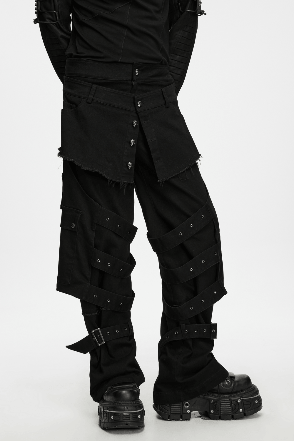 Gothic Tactical Cargo Pants with Detachable Straps, black punk utility pants with frayed waist and skull buttons