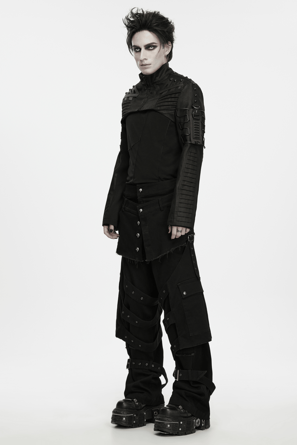 Gothic Tactical Cargo Pants with Detachable Straps black punk style, layered straps, cargo pockets and skull-button edge