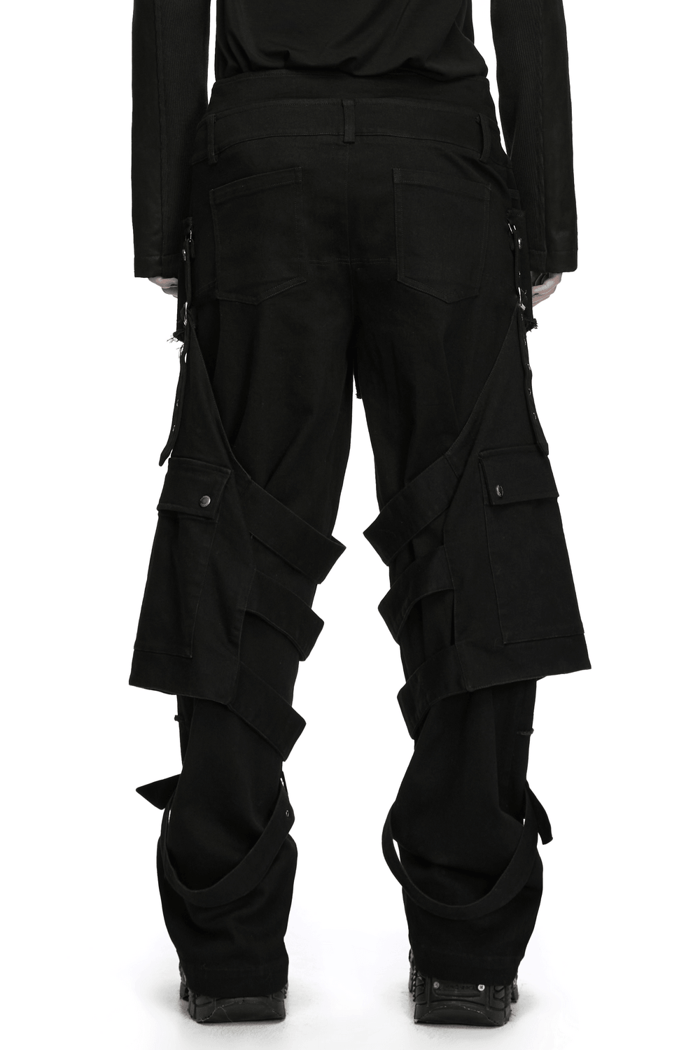 Gothic Tactical Cargo Pants with Detachable Straps, black punk cargo pants with layered straps, pockets, and frayed utility style