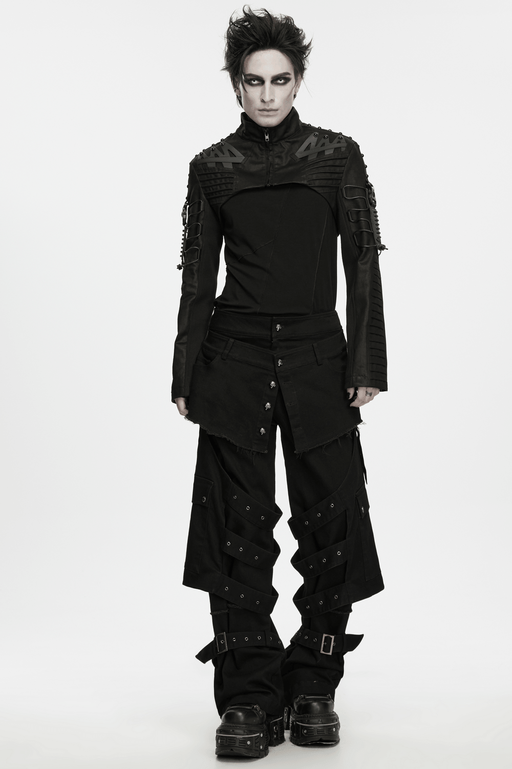 Gothic Tactical Cargo Pants with Detachable Straps, black punk utility style with layered frayed waist and buckle details