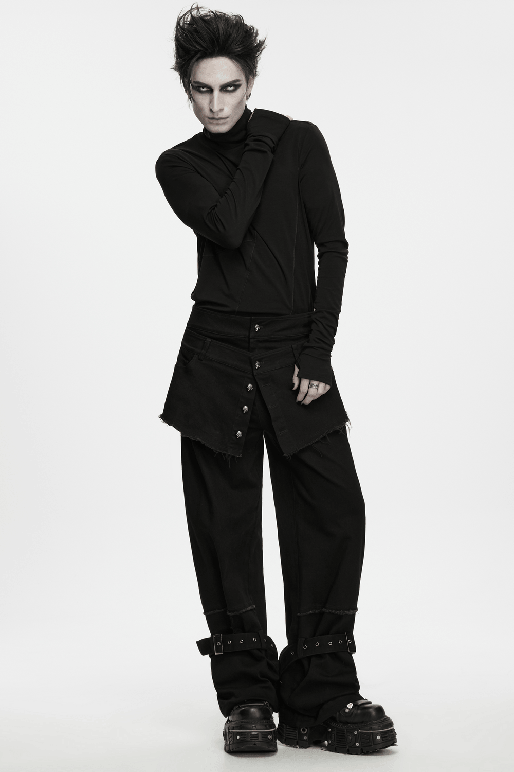 Gothic Tactical Cargo Pants with Detachable Straps, black punk style with skull buttons, frayed waist and cargo details
