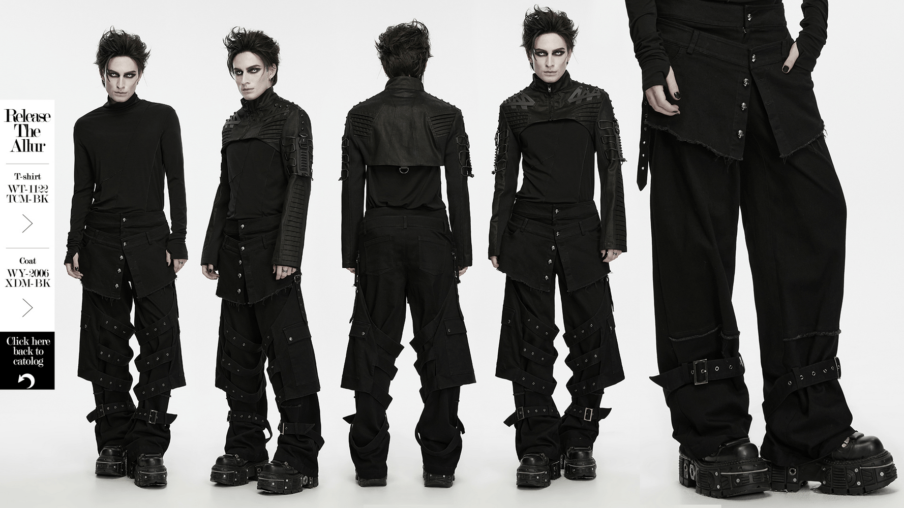 Gothic Tactical Cargo Pants with Detachable Straps in black, featuring layered frayed waist, cargo pockets, and punk buckled leg details