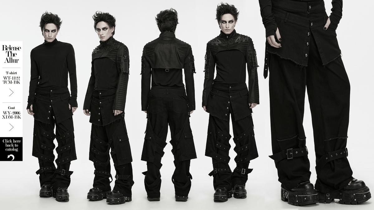 Gothic Tactical Cargo Pants with Detachable Straps in black, featuring layered frayed waist, cargo pockets, and punk buckled leg details