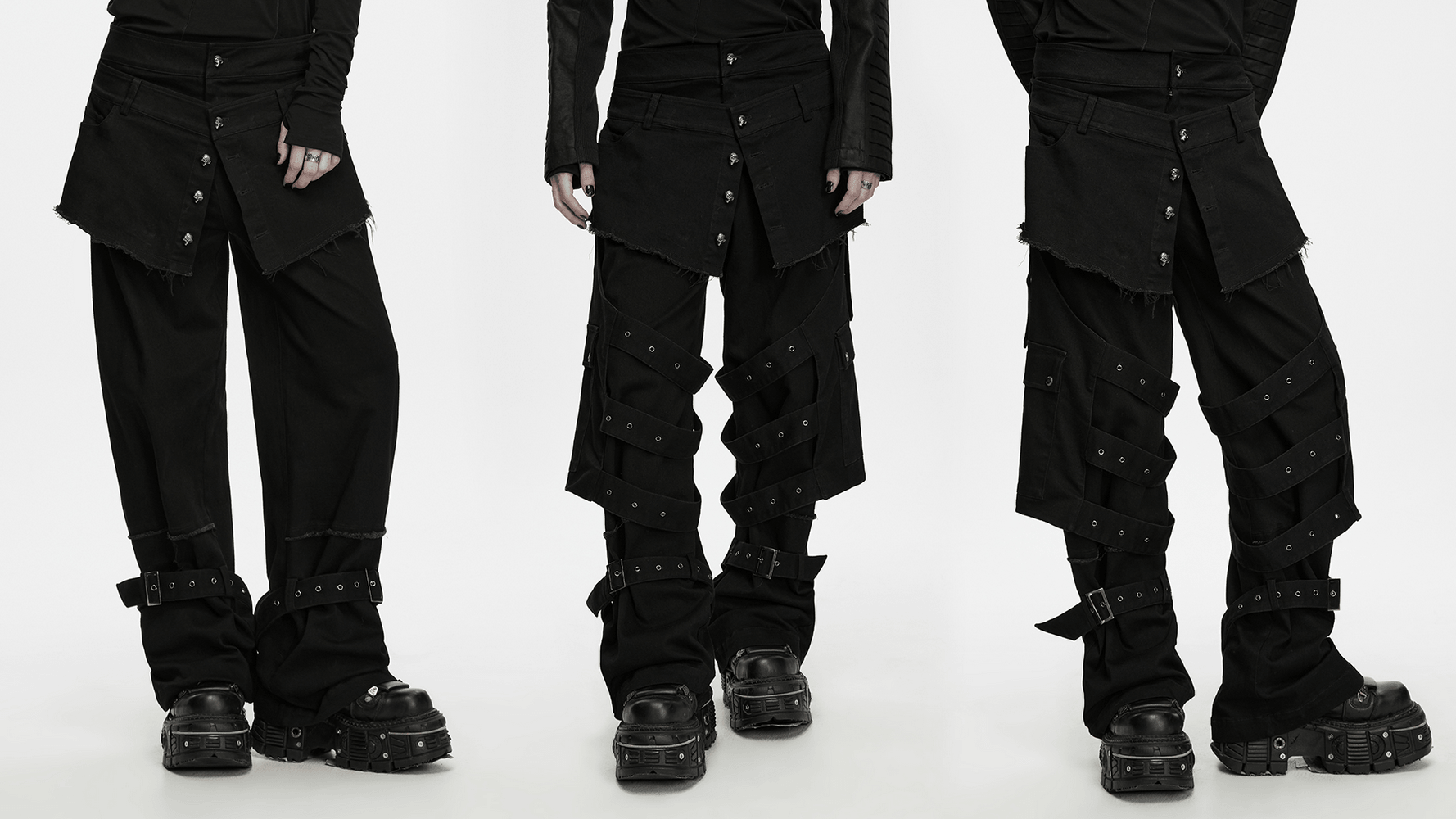 Gothic Tactical Cargo Pants with Detachable Straps, black punk trousers with frayed waist, skull buttons and buckled legs