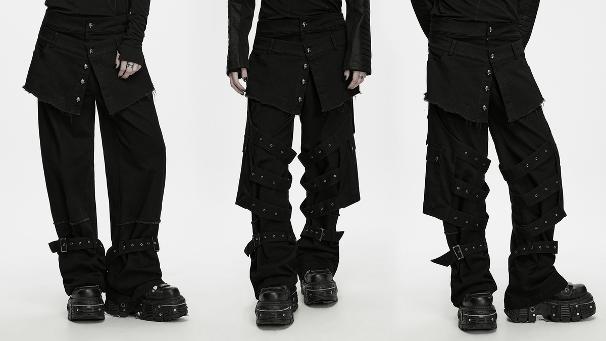 Gothic Tactical Cargo Pants with Detachable Straps, black punk trousers with frayed waist, skull buttons and buckled legs