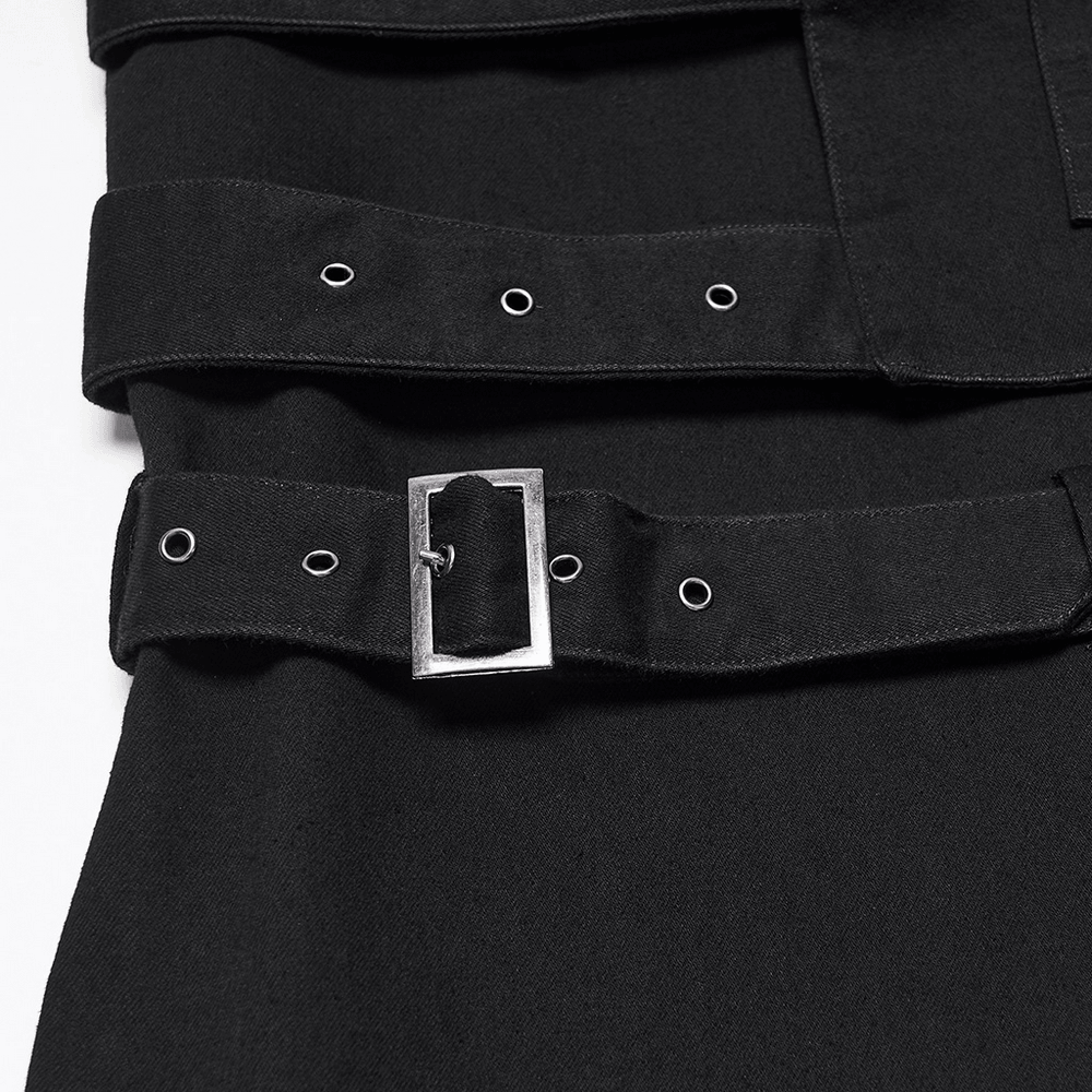 Gothic Tactical Cargo Pants with Detachable Straps, black punk waist detail with buckle and grommets