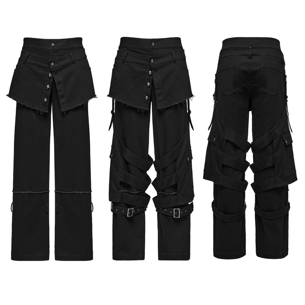 Gothic Tactical Cargo Pants with Detachable Straps black with frayed waist, skull buttons, cargo pockets and buckle straps