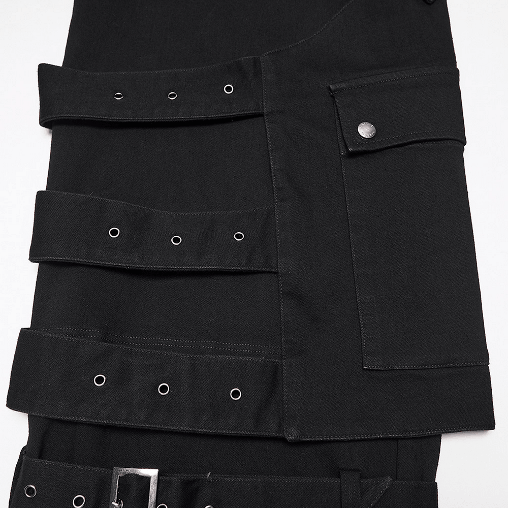 Gothic Tactical Cargo Pants with Detachable Straps, black punk utility pants with cargo pocket and layered buckle details
