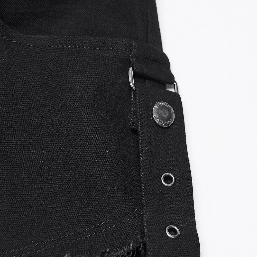 Gothic Tactical Cargo Pants with Detachable Straps, black punk utility pants with metal snaps and frayed details