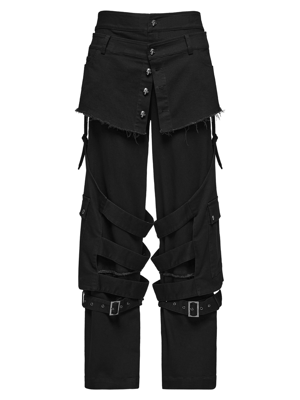 Gothic Tactical Cargo Pants with Detachable Straps, black punk pants with frayed waist, skull buttons, straps and cargo pockets