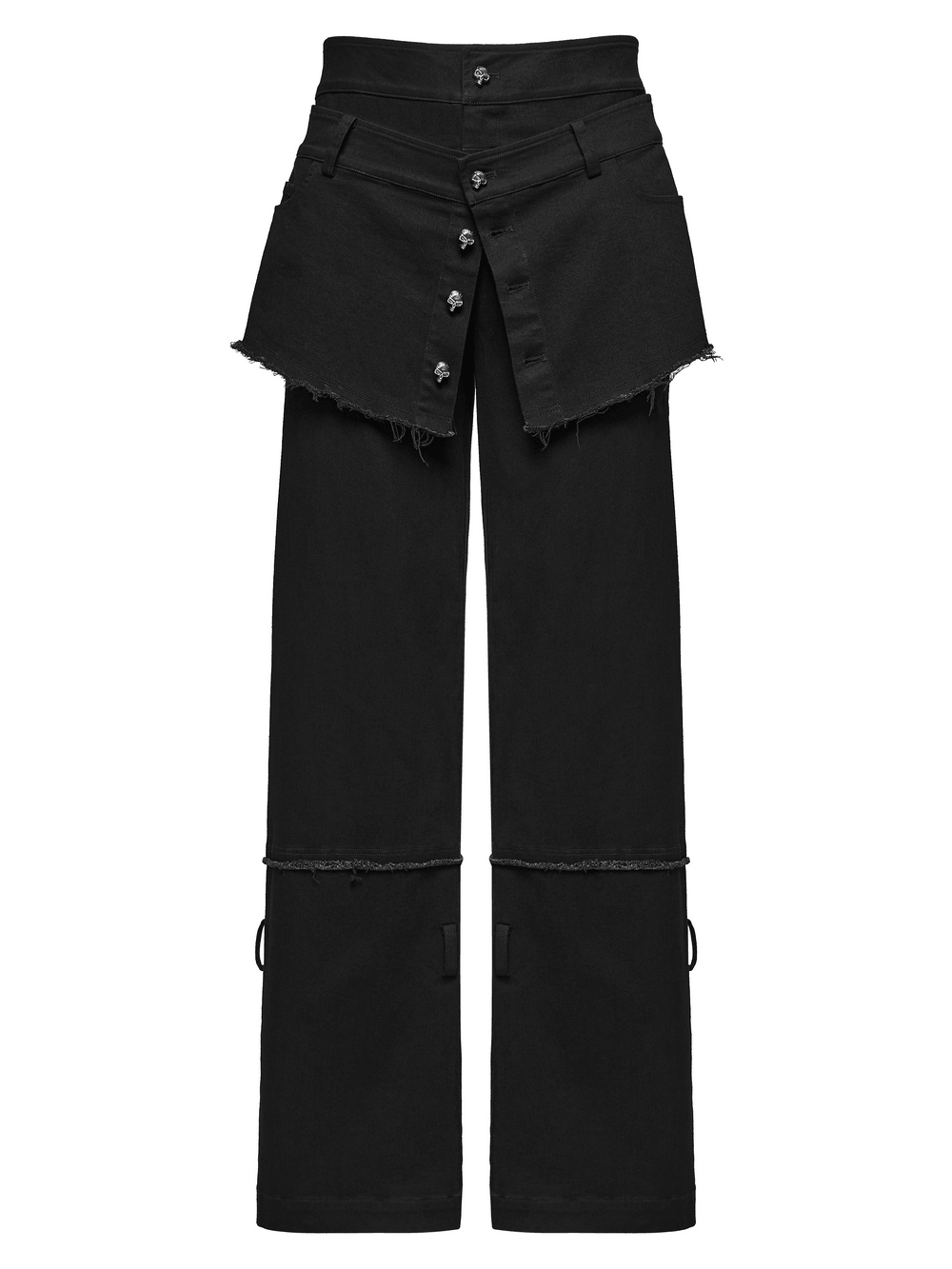 Gothic Tactical Cargo Pants with Detachable Straps, black layered frayed waist and skull buttons for punk utility style