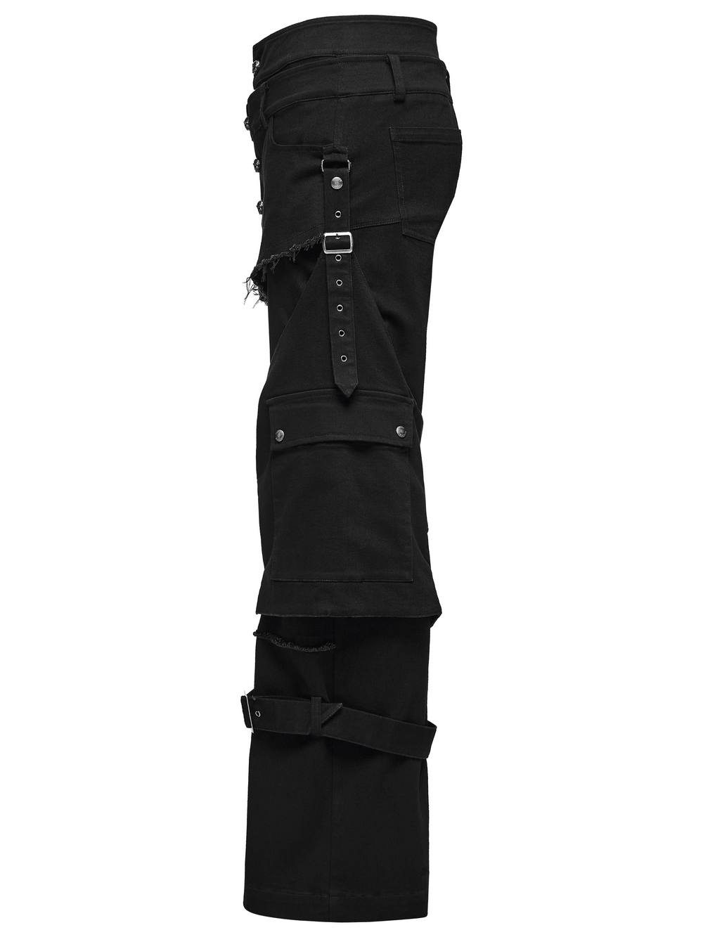 Gothic Tactical Cargo Pants with Detachable Straps black side view with cargo pockets, frayed waist, and buckle details