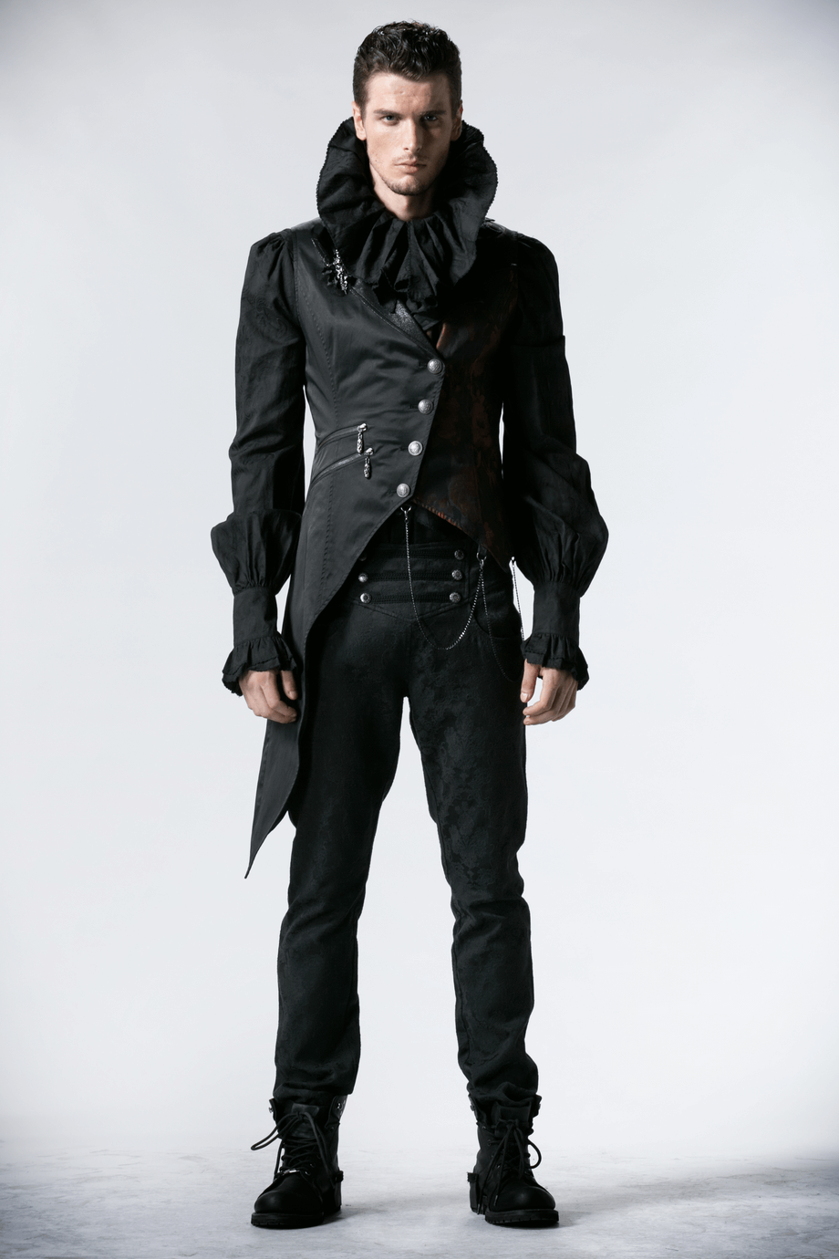 Gothic vampire vest with chains and red brocade detail, showcasing asymmetrical hem and elegant styling for dark fashion.